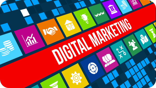 Digital marketing concept banner with icons representing SEO, analytics, content, and online strategy