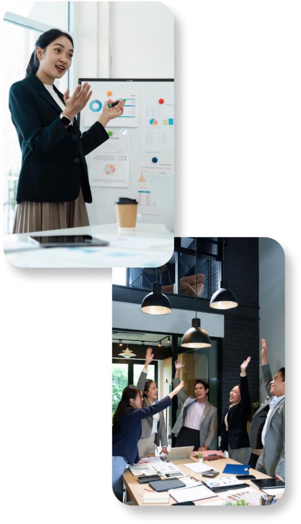 Business team discussing strategy and celebrating successful collaboration in a modern office