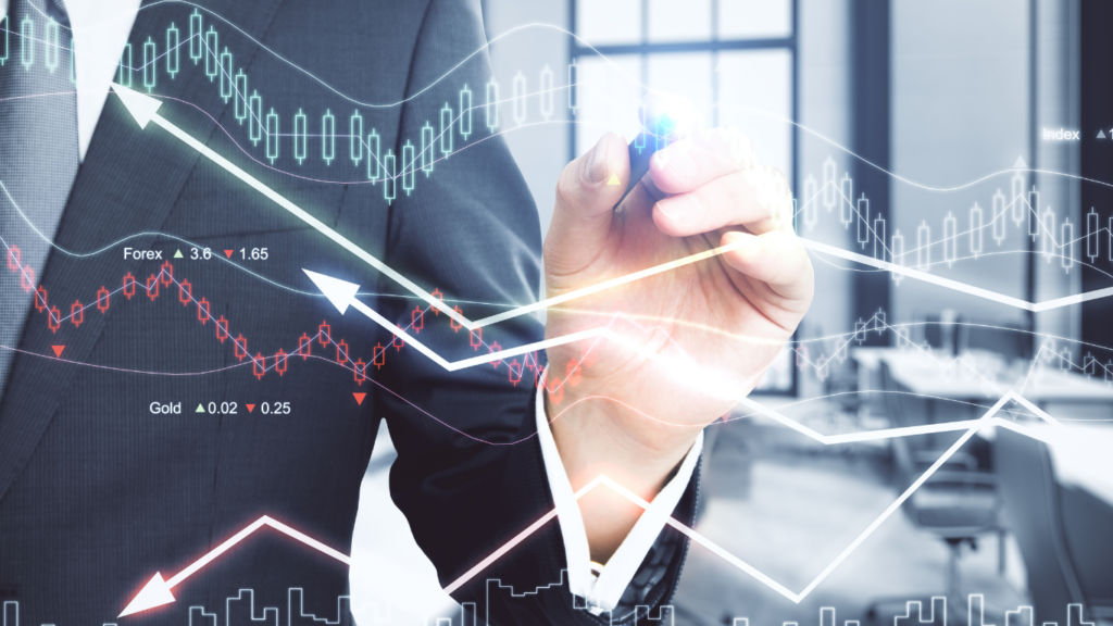 Financial market analysis with growth charts and data trends overlay