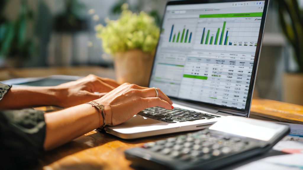 Analyzing business performance data and charts on a laptop dashboard