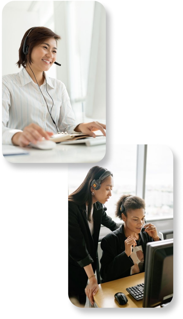 Customer support professionals using VoIP headsets while handling calls and collaborating in an office environment