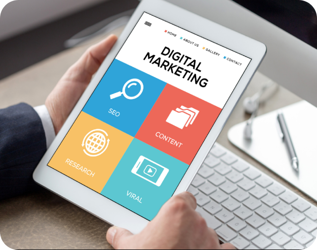 Digital marketing services displayed on a tablet including SEO, content, research, and online strategy