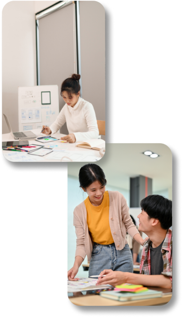 Digital marketing team collaborating on creative planning and design tasks in a modern office